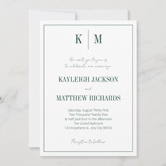 Elegant Emerald Green Monogram Wedding  招待状 (正面)