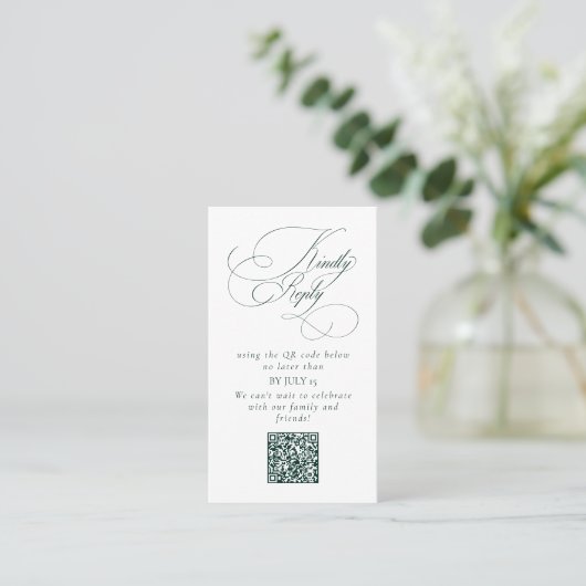 Elegant Emerald Green Wedding QR Code Please Reply 名刺 (スタンド正面)
