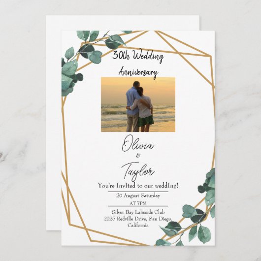 Elegant Emerald Greenery Wedding Anniversary  招待状 (正面/裏面)