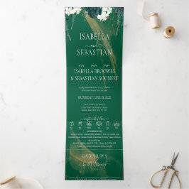 Elegant Emerald Roses All In One Wedding Tri- 三つ折り招待状