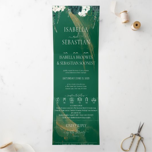 Elegant Emerald Roses All In One Wedding Tri- 三つ折り招待状 (内部)