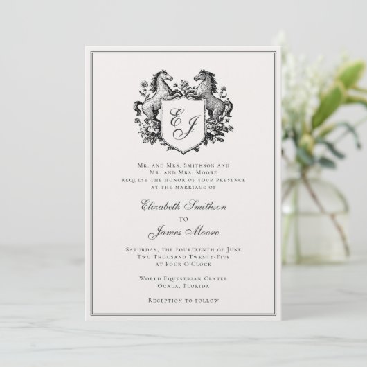 Elegant Equestrian Horse Monogram Crest Wedding 招待状 (スタンド正面)