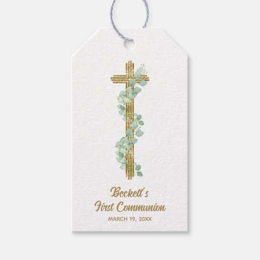Elegant Eucalyptus and Cross First Communion ギフトタグ (正面)
