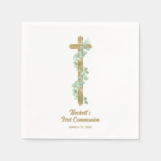 Elegant Eucalyptus and Cross First Communion スタンダードカクテルナプキン (正面)
