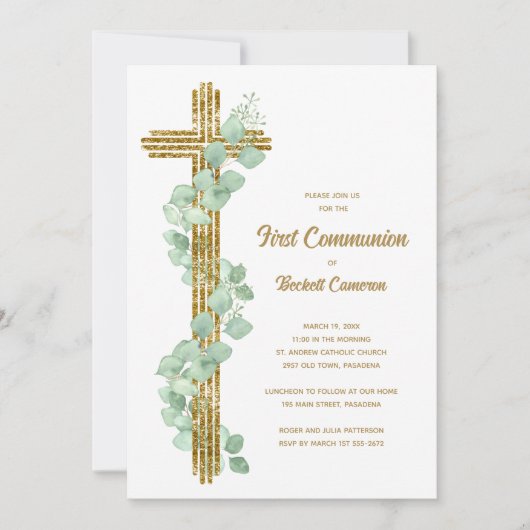 Elegant Eucalyptus and Cross First Communion 招待状 (正面)