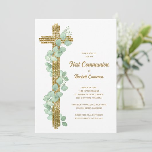 Elegant Eucalyptus and Cross First Communion 招待状 (スタンド正面)