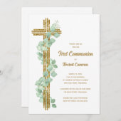 Elegant Eucalyptus and Cross First Communion 招待状 (正面/裏面)