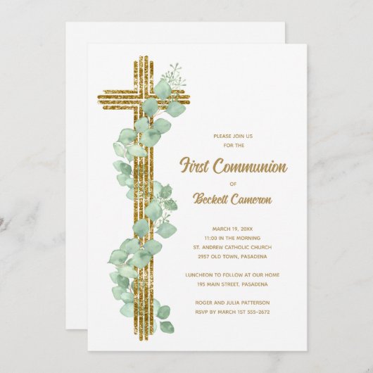 Elegant Eucalyptus and Cross First Communion 招待状 (正面/裏面)