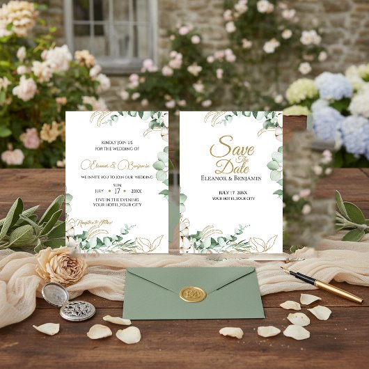 Elegant Eucalyptus and Gold Greenery Wedding 招待状