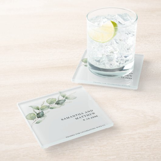 Elegant Eucalyptus Botanical Wedding ガラスコースター (アングル)
