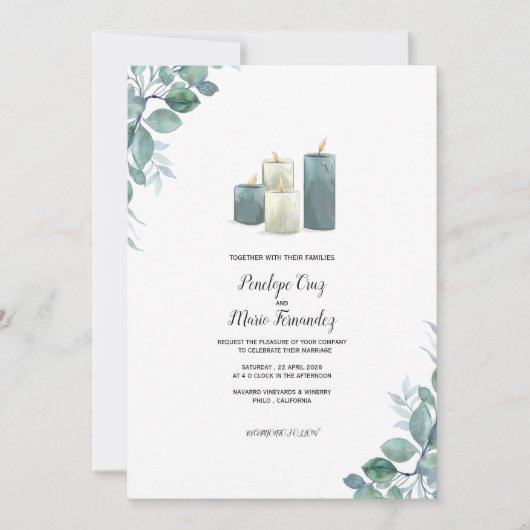 Elegant Eucalyptus & Candle Watercolor Wedding  招待状 (正面)