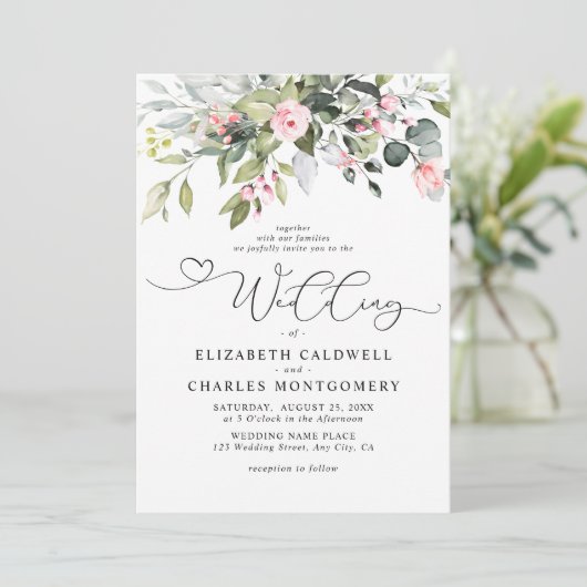 Elegant Eucalyptus Floral Greenery Script Wedding 招待状 (スタンド正面)