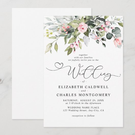 Elegant Eucalyptus Floral Greenery Script Wedding 招待状 (正面/裏面)