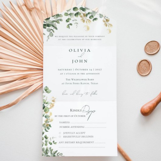 Elegant Eucalyptus Foliage Gold Green Wedding  オールインワン招待状
