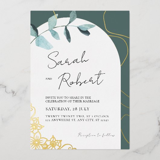 Elegant Eucalyptus & Gold Accents | Arch Theme  箔招待状 (正面)