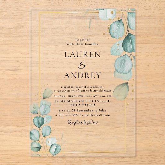 Elegant Eucalyptus Gold Frame Wedding アクリル招待状 (正面)