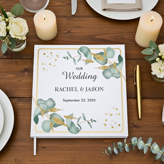 Elegant Eucalyptus Gold Glitter Greenery Wedding ゲストブック