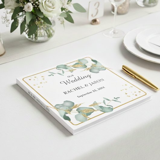 Elegant Eucalyptus Gold Glitter Greenery Wedding ゲストブック