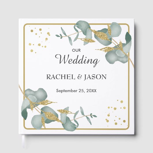 Elegant Eucalyptus Gold Glitter Greenery Wedding ゲストブック (正面)