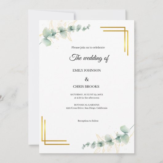 Elegant Eucalyptus Gold Wedding  招待状 (正面)