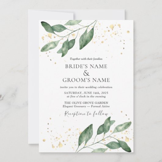 Elegant Eucalyptus Gold Wedding Invitation 招待状 (正面)