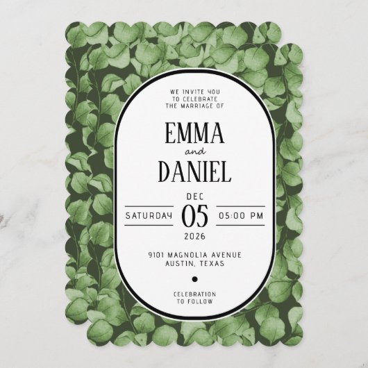 Elegant Eucalyptus Green Leaves Wedding Invitation 招待状 (正面/裏面)