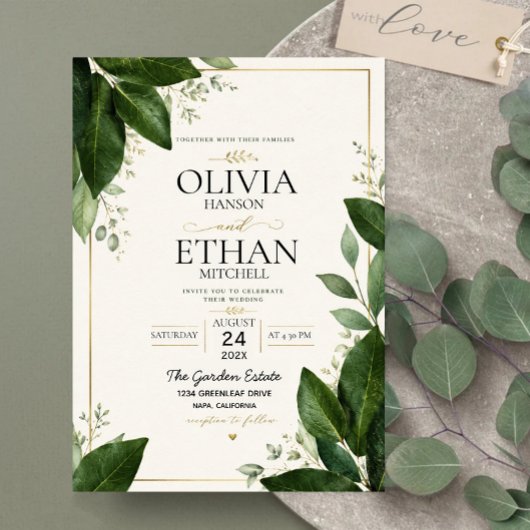 Elegant Eucalyptus Greenery and Gold Accents 招待状