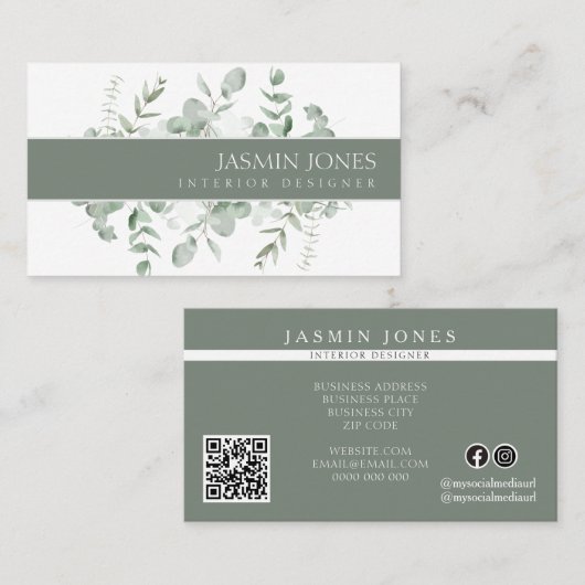 Elegant Eucalyptus Greenery Interior Designer 名刺 (正面/裏面)