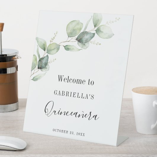 Elegant Eucalyptus Greenery Leaves Mis Quince Anos 台座サイン (インサイチュ)
