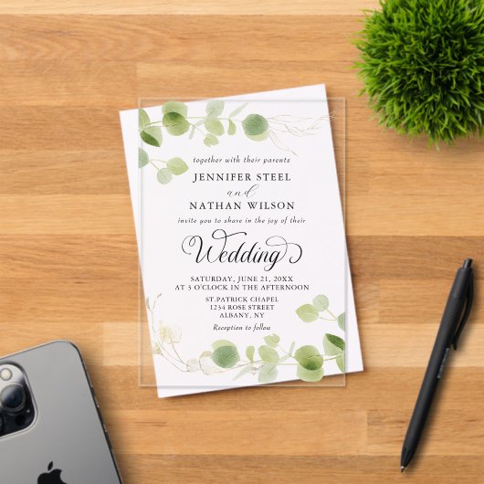 Elegant Eucalyptus Greenery Minimalist Wedding アクリル招待状 (インサイチュ (招待状))