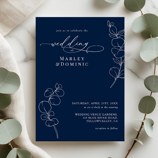 Elegant Eucalyptus Greenery Navy Blue Wedding 招待状