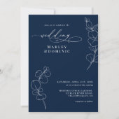 Elegant Eucalyptus Greenery Navy Blue Wedding 招待状 (正面)