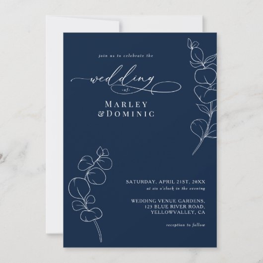 Elegant Eucalyptus Greenery Navy Blue Wedding 招待状 (正面)