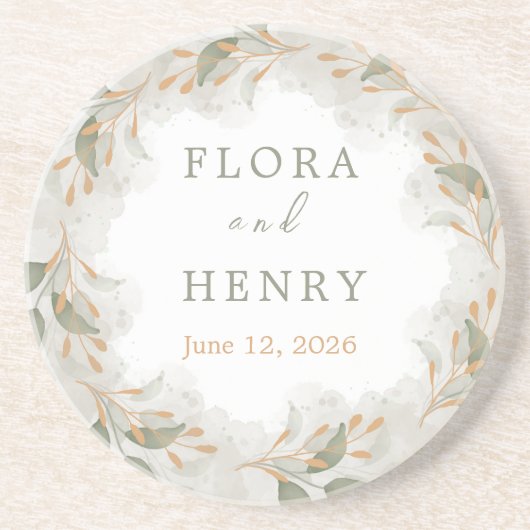Elegant Eucalyptus Greenery Watercolor Wedding Pap コースター (正面)