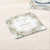 Elegant Eucalyptus Greenery Watercolor Wedding Pap スクエアペーパーコースター (アングル)