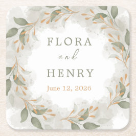 Elegant Eucalyptus Greenery Watercolor Wedding Pap スクエアペーパーコースター
