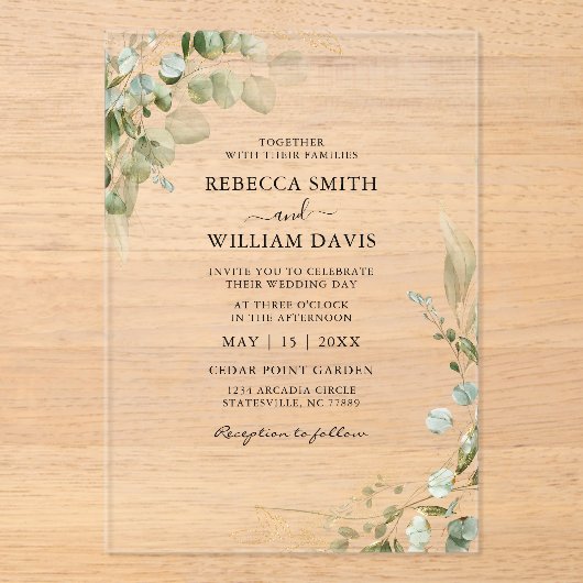 Elegant Eucalyptus Greenery Wedding アクリル招待状 (正面)