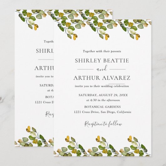Elegant Eucalyptus Greenery Wedding 招待状 (正面/裏面)