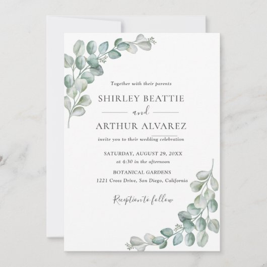 Elegant Eucalyptus Greenery Wedding 招待状 (正面)