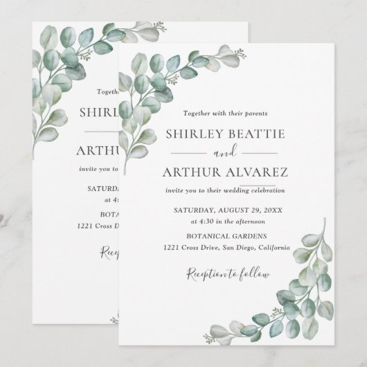 Elegant Eucalyptus Greenery Wedding 招待状 (正面/裏面)