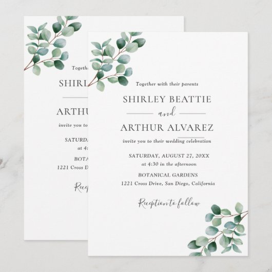 Elegant Eucalyptus Greenery Wedding 招待状 (正面/裏面)