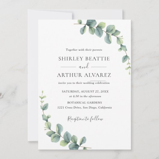 Elegant Eucalyptus Greenery Wedding 招待状 (正面)