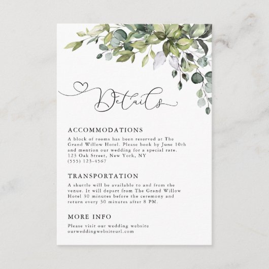 Elegant Eucalyptus Greenery Wedding Details エンクロージャーカード (正面)