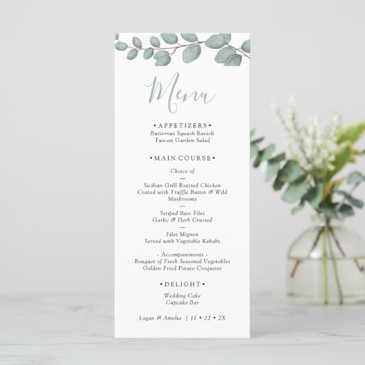 Elegant Eucalyptus Greenery Wedding Menu Card メニュー (スタンド正面)