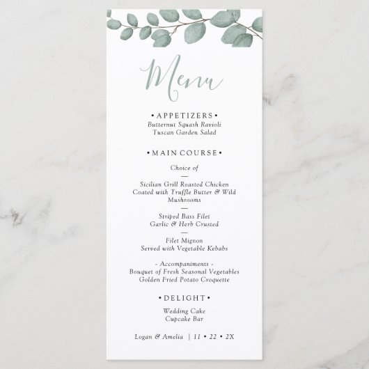 Elegant Eucalyptus Greenery Wedding Menu Card メニュー (正面)