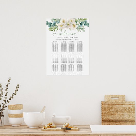 Elegant Eucalyptus Greenery Wedding Seating Chart ポスター (キッチン)