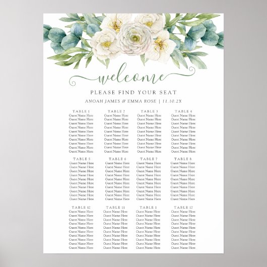 Elegant Eucalyptus Greenery Wedding Seating Chart ポスター (正面)