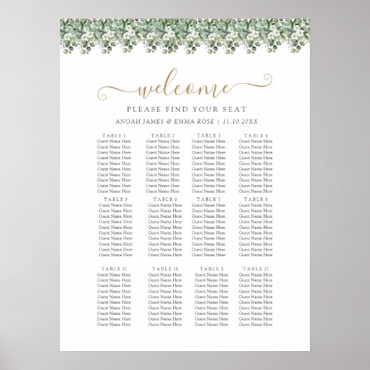 Elegant Eucalyptus Greenery Wedding Seating Chart ポスター (正面)