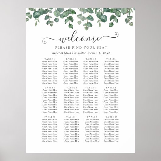 Elegant Eucalyptus Greenery Wedding Seating Chart ポスター (正面)
