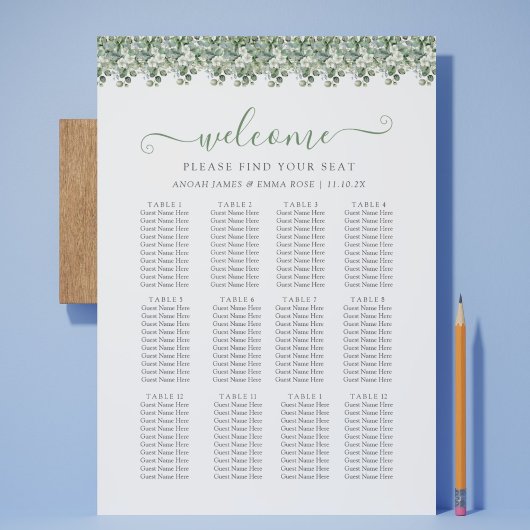 Elegant Eucalyptus Greenery Wedding Seating Chart ポスター